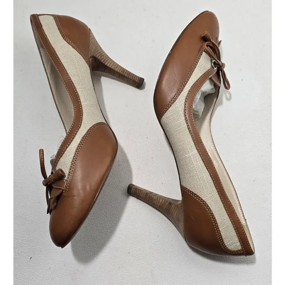 Brooks Brothers Spectator Heels Fringe & Bow Cognac/Natural Sz 7.5 M - Picture 5 of 9